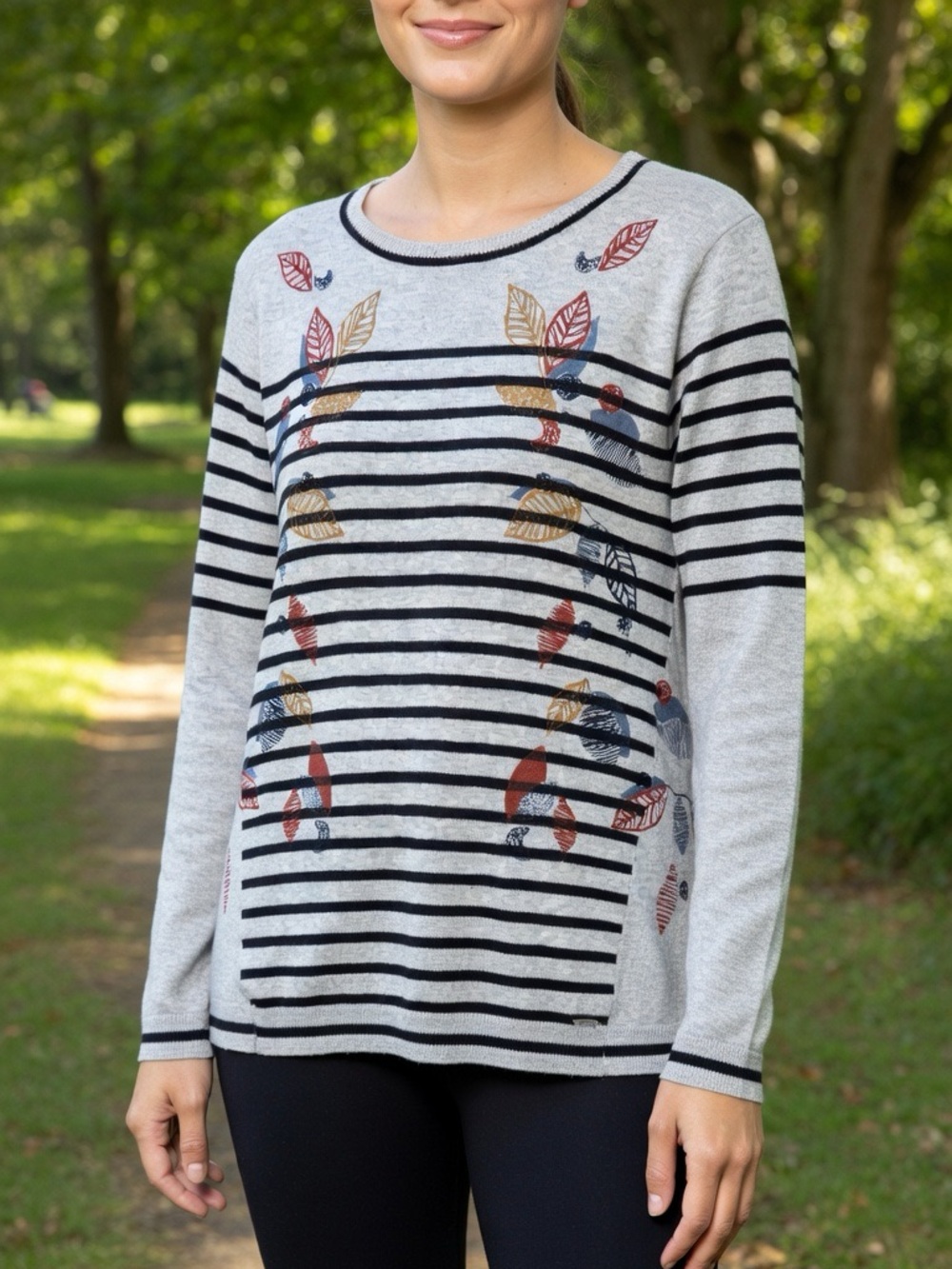 FDJ Striped Grey Crewneck Sweater Floral Leaves Size Small 100% Cotton Light